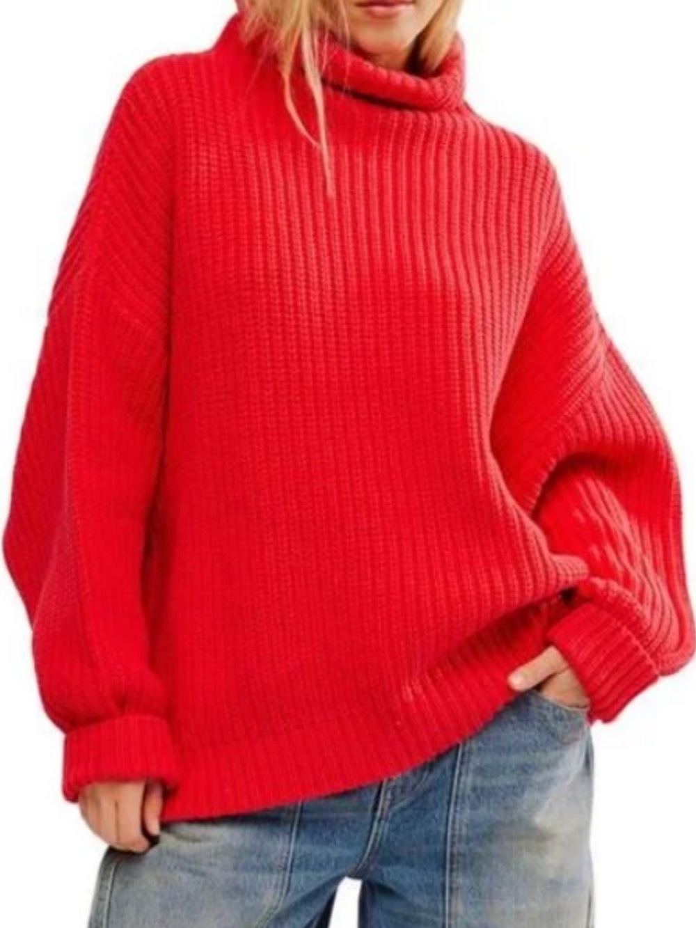 Free People Swim Too Deep turtleneck sweater chunky oversized red size large